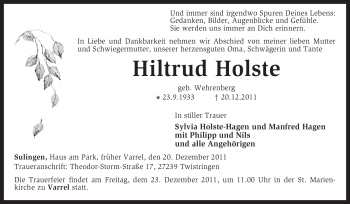 Traueranzeige von Hiltrud Holste von KREISZEITUNG SYKE