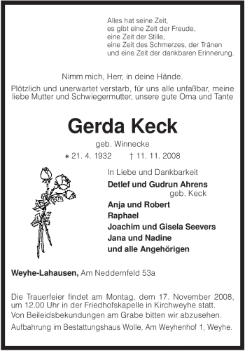 Traueranzeige von Gerda Keck von KREISZEITUNG SYKE