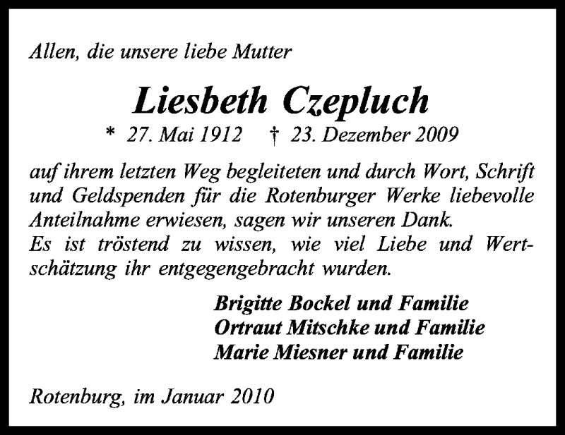  Traueranzeige für Liesbeth Czepluch vom 09.01.2010 aus KREISZEITUNG SYKE