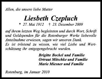 Traueranzeige von Liesbeth Czepluch von KREISZEITUNG SYKE