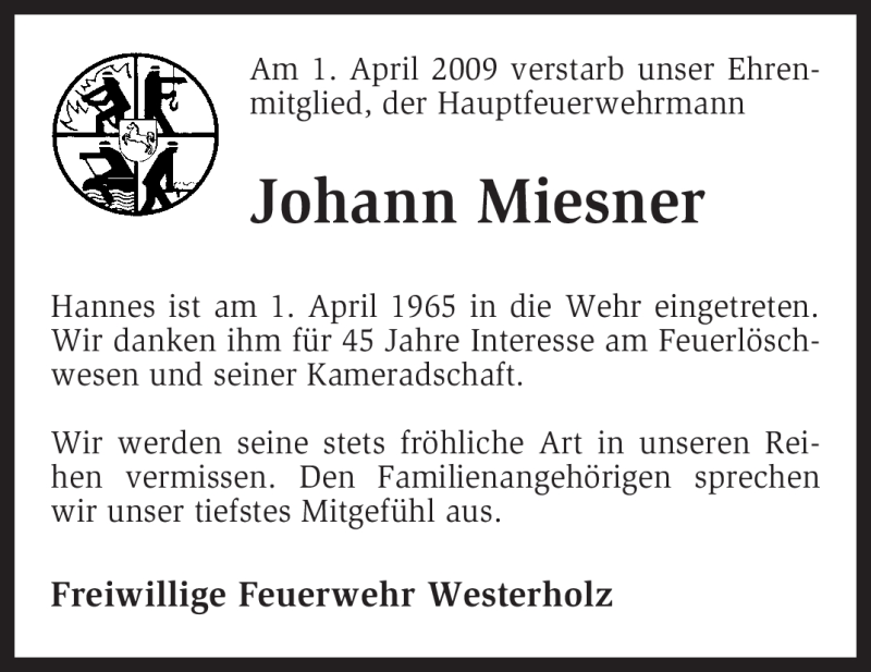  Traueranzeige für Johann Miesner vom 04.04.2009 aus KREISZEITUNG SYKE