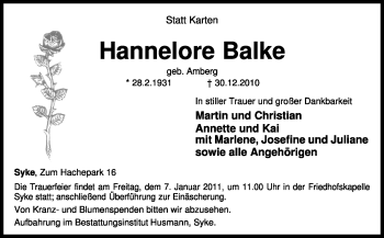 Traueranzeige von Hannelore Balke von KREISZEITUNG SYKE