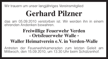 Traueranzeige von Gerhard Pilzner von KREISZEITUNG SYKE