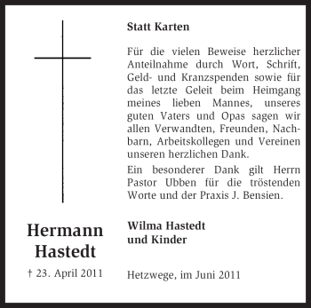 Traueranzeige von Hermann Hastedt von KREISZEITUNG SYKE