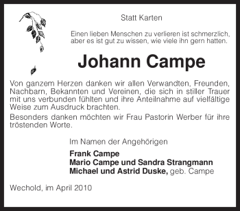 Traueranzeige von Johann Campe von KREISZEITUNG SYKE