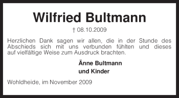 Traueranzeige von Wilfried Bultmann von KREISZEITUNG SYKE