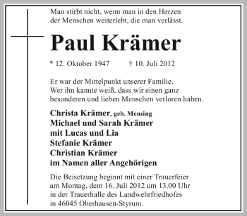 Traueranzeige von Paul Krämer von KREISZEITUNG SYKE