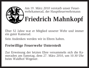 Traueranzeige von Friedrich Mahnkopf von KREISZEITUNG SYKE