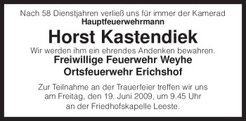 Traueranzeige von Horst Kastendiek von KREISZEITUNG SYKE