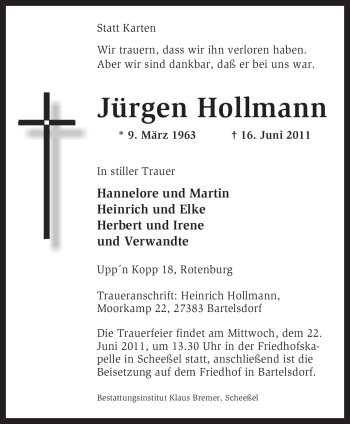 Traueranzeige von Jürgen Hollmann von KREISZEITUNG SYKE