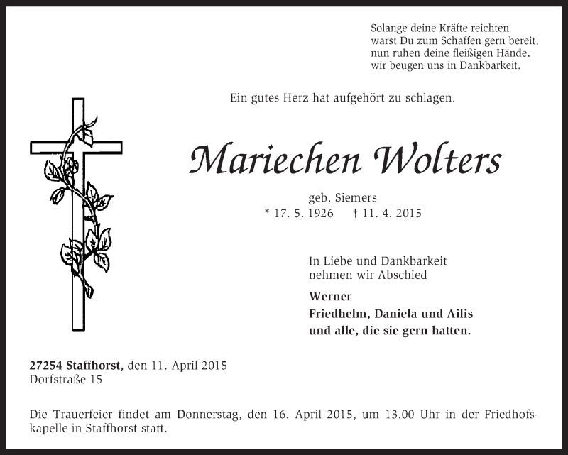  Traueranzeige für Mariechen Wolters vom 13.04.2015 aus KRZ