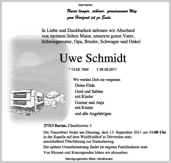 Traueranzeige von Uwe Schmidt von KREISZEITUNG SYKE