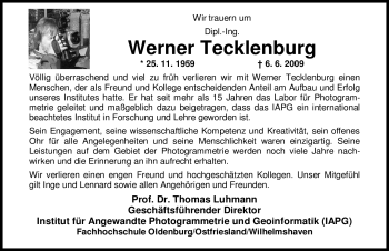 Traueranzeige von Werner Tecklenburg 