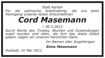 Traueranzeige von Cord Masemann von KREISZEITUNG SYKE