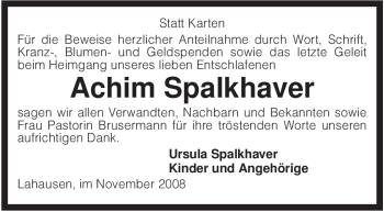 Traueranzeige von Achim Spalkhaver von KREISZEITUNG SYKE