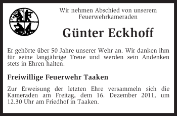 Traueranzeige von Günter Eckhoff von KREISZEITUNG SYKE