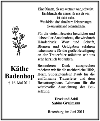 Traueranzeige von Käthe Badenhop von KREISZEITUNG SYKE