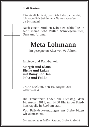 Traueranzeige von Meta Lohmann von KREISZEITUNG SYKE