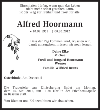 Traueranzeige von Alfred Hoormann von KREISZEITUNG SYKE