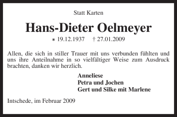 Traueranzeige von Hans-Dieter Oelmeyer von KREISZEITUNG SYKE