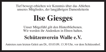 Traueranzeige von Ilse Giesges von KREISZEITUNG SYKE