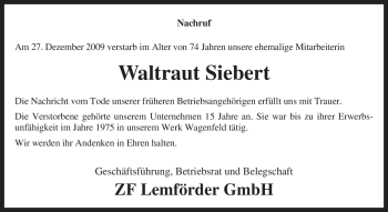 Traueranzeige von Waltraut Siebert von KREISZEITUNG SYKE