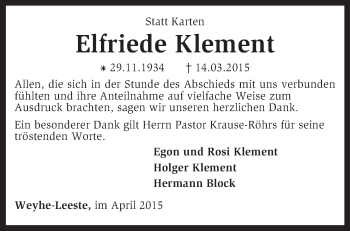 Traueranzeige von Elfriede Klement von KRZ