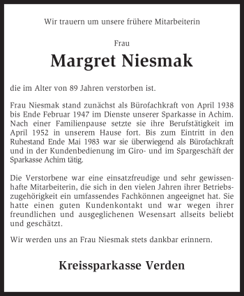 Traueranzeige von Margret Niesmak von KREISZEITUNG SYKE