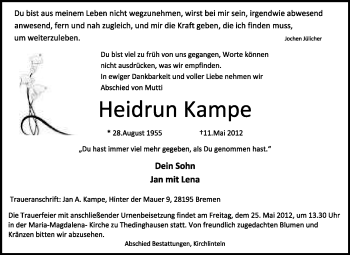 Traueranzeige von Heidrun Kampe von KREISZEITUNG SYKE