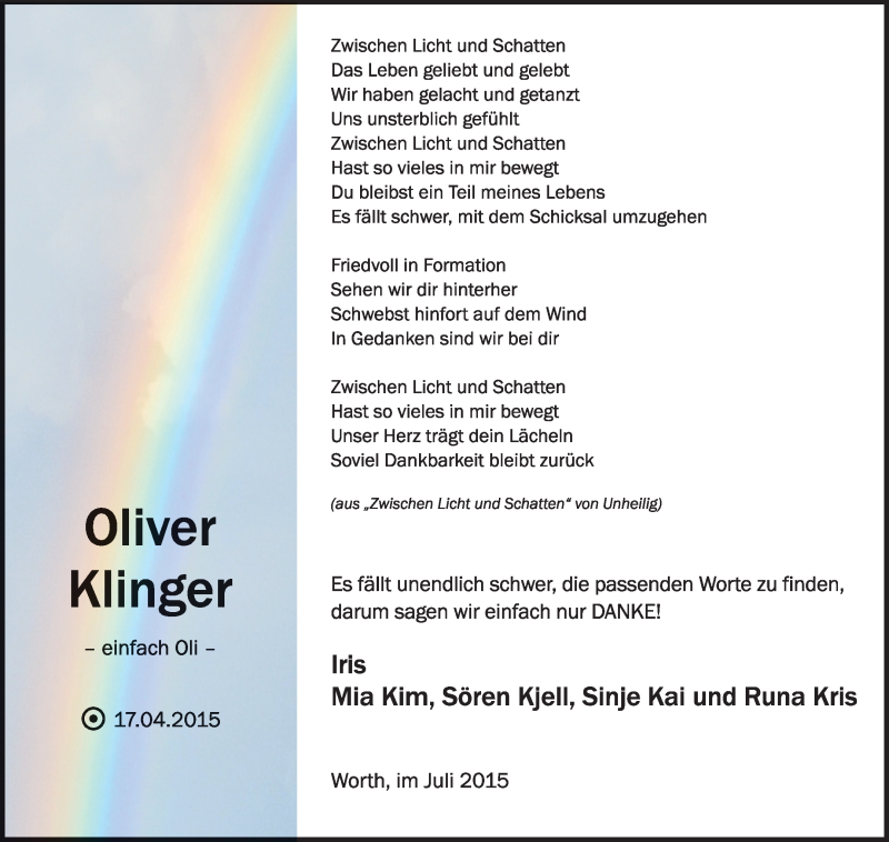  Traueranzeige für Oliver Klinger vom 11.07.2015 aus KRZ