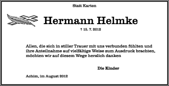 Traueranzeige von Hermann Helmke von KREISZEITUNG SYKE