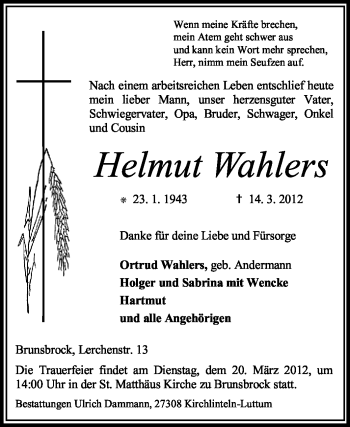 Traueranzeige von Helmut Wahlers von KREISZEITUNG SYKE