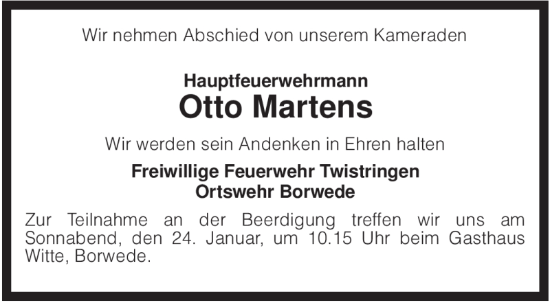  Traueranzeige für Otto Martens vom 21.01.2009 aus KREISZEITUNG SYKE