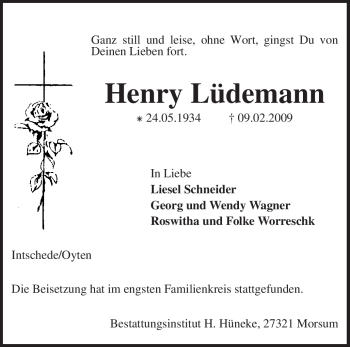 Traueranzeige von Henry Lüdemann von KREISZEITUNG SYKE