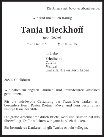 Traueranzeige von Tanja Dieckhoff von KRZ