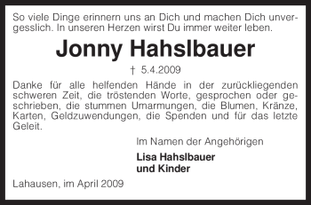 Traueranzeige von Jonny Hahslbauer von KREISZEITUNG SYKE