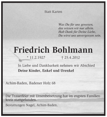 Traueranzeige von Friedrich Bohlmann von KREISZEITUNG SYKE