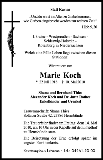 Traueranzeige von Marie Koch von KREISZEITUNG SYKE