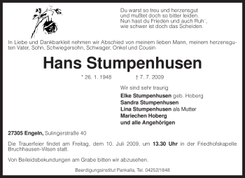 Traueranzeige von Hans Stumpenhusen von KREISZEITUNG SYKE