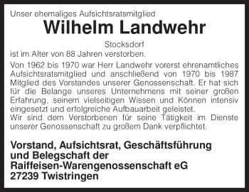 Traueranzeige von Wilhelm Landwehr von KREISZEITUNG SYKE