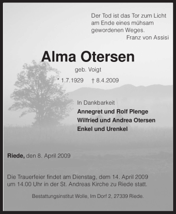 Traueranzeige von Alma Otersen von KREISZEITUNG SYKE