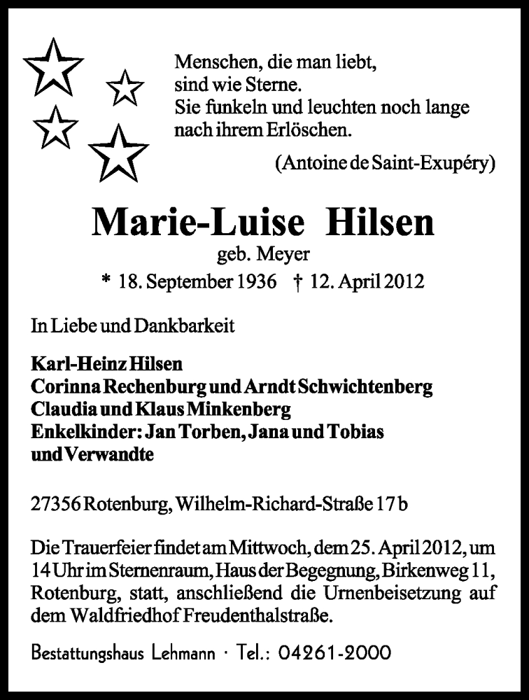  Traueranzeige für Marie-Luise Hilsen vom 19.04.2012 aus KREISZEITUNG SYKE