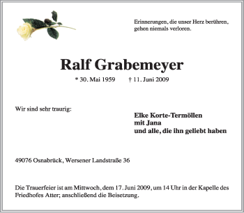 Traueranzeige von Ralf Grabemeyer von KREISZEITUNG SYKE