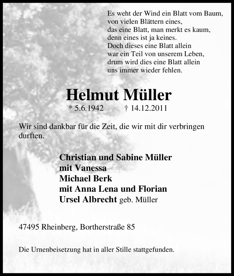  Traueranzeige für Helmut Müller vom 31.12.2011 aus 