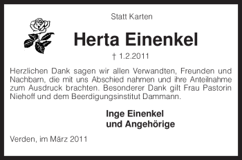 Traueranzeige von Herta Einenkel von KREISZEITUNG SYKE