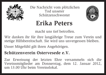 Traueranzeige von Erika Peters von KREISZEITUNG SYKE