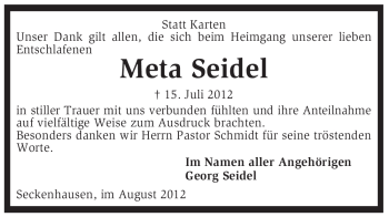 Traueranzeige von Meta Seidel von KREISZEITUNG SYKE