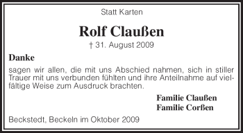 Traueranzeige von Rolf Claußen von KREISZEITUNG SYKE