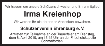 Traueranzeige von Irma Kreienhop von KREISZEITUNG SYKE