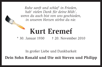 Traueranzeige von Kurt Eremef von KREISZEITUNG SYKE